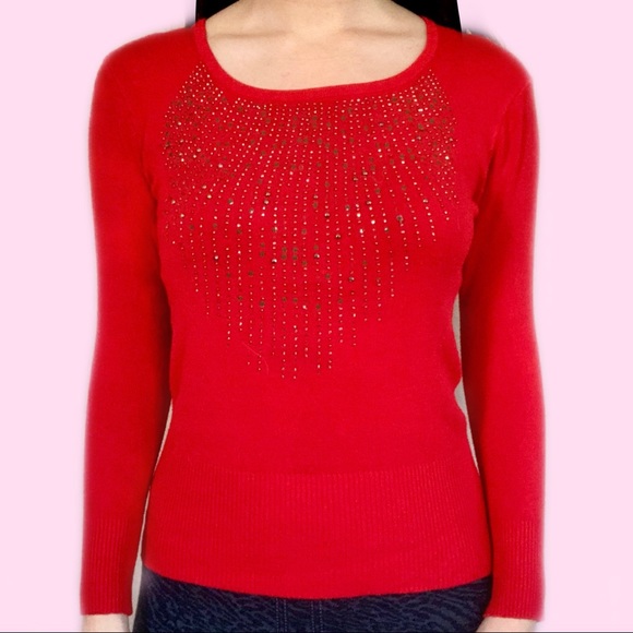Boutique Sweaters - RHINESTONE RED SWEATER TOP